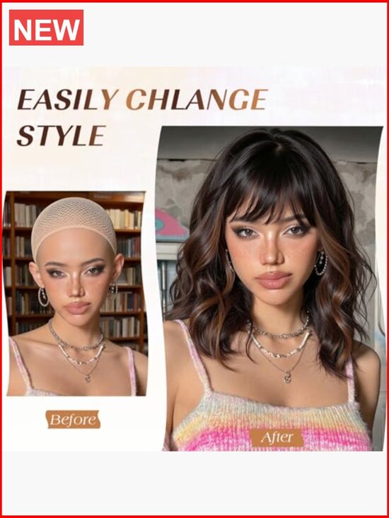 Short Wavy Bob Wig with Bangs for Women, Shoulder Length, Silky Soft Synthetic main image 5